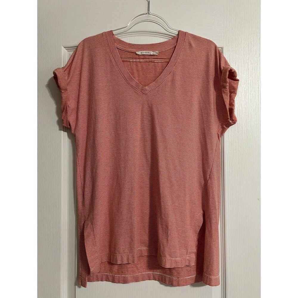 Ellison Red and White Striped Split Hem V-Neck Top Size M Rolled Short Sleeves